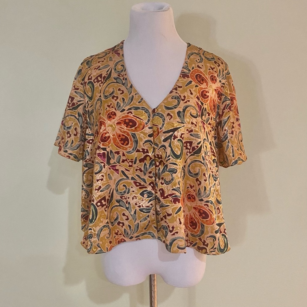 Vintage Victoria Secret Gold Label Silky Boho Floral Lounge Top Size Small